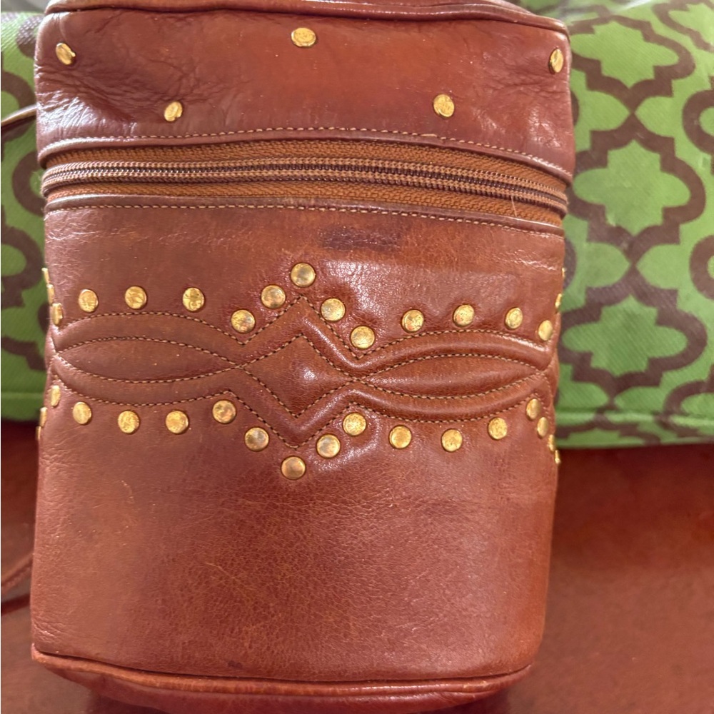 DKNY Brown Leather Bag with Gold Stud Accents - camera bag style